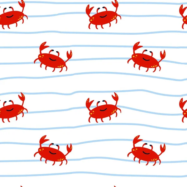 Red Crab Seamless Pattern Cartoon Hand Drawn Colorful Marine Childish — Stock Vector