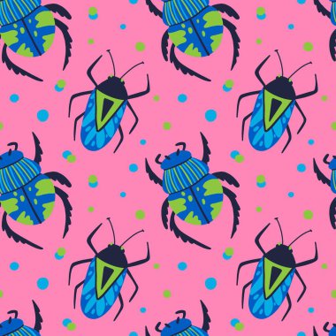 Çizgi film böceği kusursuz desen. Parlak el çizimi böcek, güzel böcek pembe ve mavi renkler modern arkaplan, çağdaş dekor tekstil ambalajı veya duvar kağıdı vektör baskısı veya kumaş