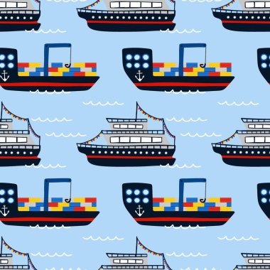 Kargo mavnası ve yolcu gemisi pürüzsüz desen. Çizgi filmdeki eller çocuksu yelkenli koleksiyonu, mavi arka planda su taşımacılığı. Çocuklar tekstil ambalajlı duvar kağıdı vektör baskısı ya da kumaş