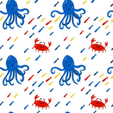 Su altında pürüzsüz desen. Çizgi filmdeki eller renkli ahtapot yengeç ve balık çiziyordu. Beyaz arka planda okyanus hayvanları. Çocuklar tekstil dekorasyonu, kağıt kaplama, duvar kağıdı vektör baskısı veya kumaş