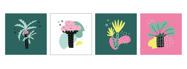 漫画熱帯ヤシの木 手描き夏様式化された植物プリントやポスターセット 装飾的なカラフルなジャングルココナッツ 抽象的なエキゾチックな植物ベクトル隔離されたスカンディナヴィアスタイルのイラスト — ストックベクタ