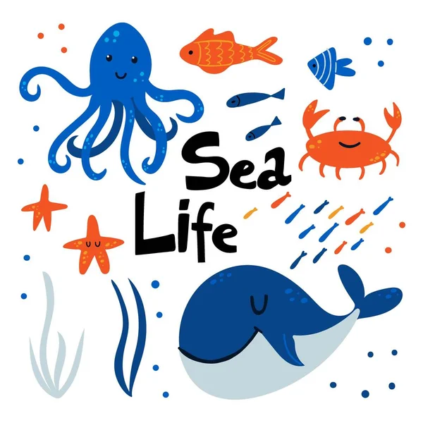 Sea life underwater animals set. Red crab, whale and fishes, cute starfish and octopus, marine doodle collection, cartoon print or poster, kids design elements vector isolated set