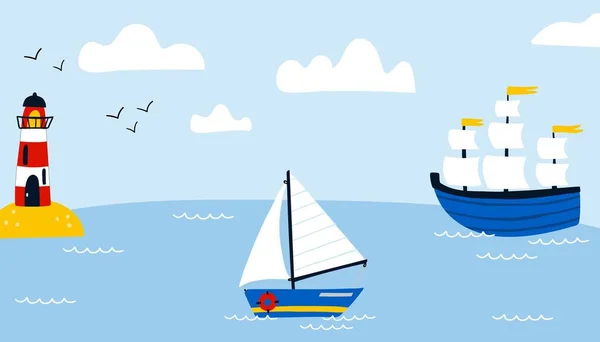 海の背景に船 漫画の手はカラフルな帆子供っぽい水平方向の背景 水輸送 セーリングヨット ヨットや灯台 子供たちの冒険と旅行 ベクトル孤立イラストを描きました — ストックベクタ