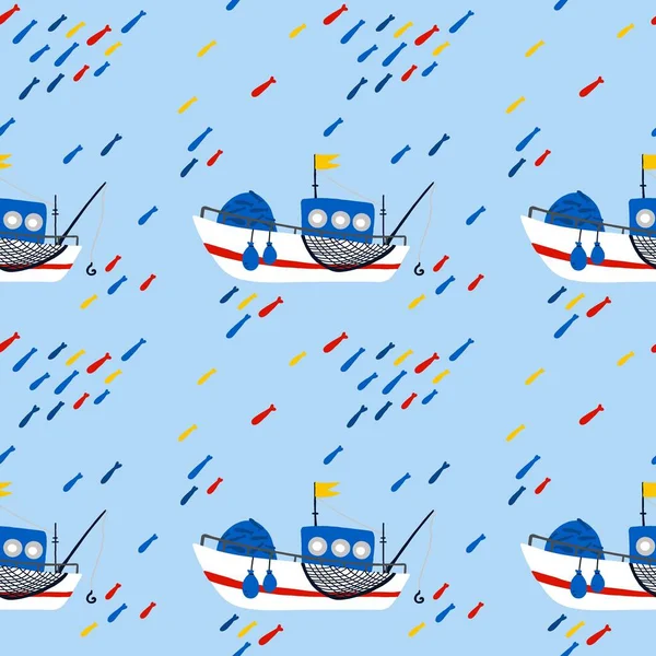 漁船のシームレスなパターン 漫画の手の青の背景にカラフルな帆幼稚なコレクション 水輸送を描いた 子供の装飾テキスタイル包装紙壁紙ベクトルプリントまたはファブリック — ストックベクタ