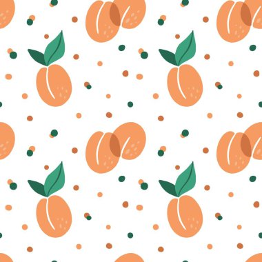 Kayısı pürüzsüz desen. Egzotik tropikal şeftaliler veya kayısılar noktalı arka planda taze meyve. Yeşil yapraklı sulu şeftali. Dekoratör tekstil, duvar kâğıdı vektör baskısı veya kumaş ambalajı