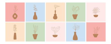 Vazodaki tropikal yapraklar. El çizimi botanik minimalist kompozisyon, paster arka plan, modaya uygun iç poster ya da baskı. Modern bohem illüstrasyon vektörü sosyal medya gönderileri