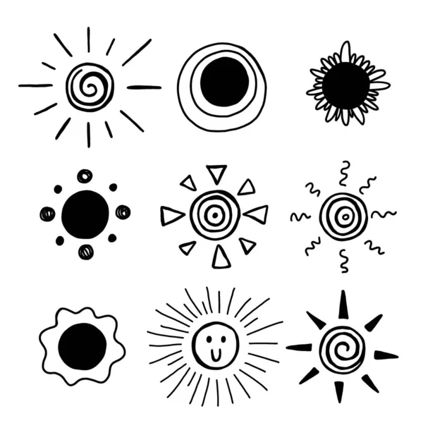 Black Doodle Sun Set Hand Drawn Solar Symbols Collection Spf — Stock Vector