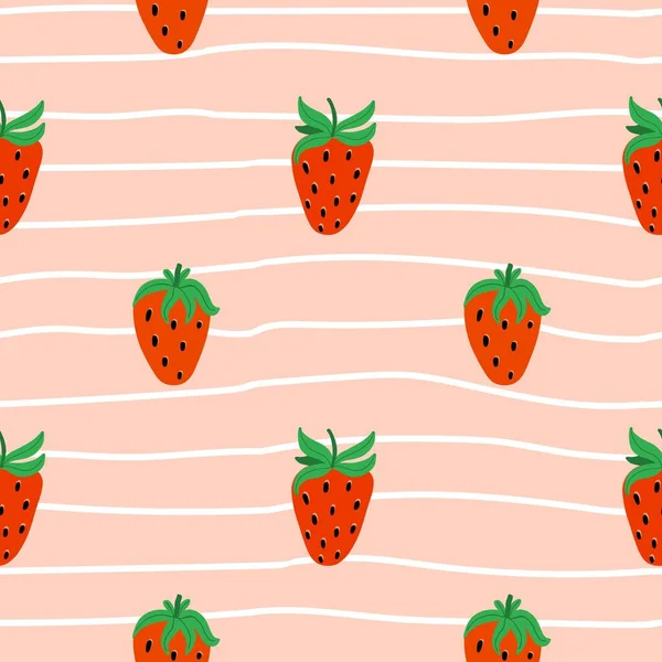 草莓无缝图案 手绘森林或花园浆果 完全多汁的浆果 在粉红色条纹的背景上点缀夏季元素 装饰纺织品 包装纸 矢量印花或织物 — 图库矢量图片