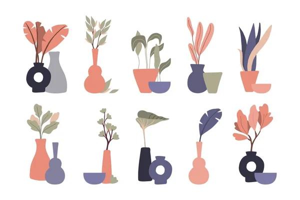 抽象花瓶セットの熱帯の葉 手描きの植物のミニマリスト組成自然の色Bohoスタイルで トレンディな装飾コレクション 現代のボヘミアン イラスト ベクトル背景 — ストックベクタ