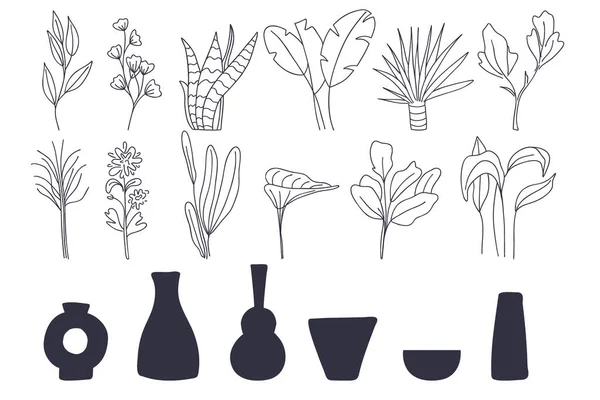 花瓶コンストラクタにおける熱帯の葉 手描きの植物のミニマリストの枝に黒の白い色のBohoスタイルと陶器のセラミックポット 流行の装飾ボヘミアンイラスト ベクトルセット — ストックベクタ