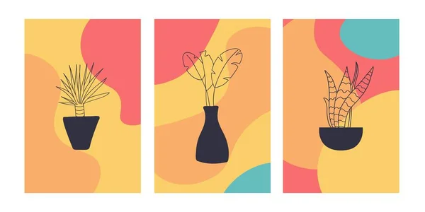 抽象花瓶セットの熱帯の葉 明るい色 トレンディーなインテリアポスターやプリントで植物のミニマリスト組成物を手描き 現代のボヘミアンイラストベクトルソーシャルメディアの背景 — ストックベクタ