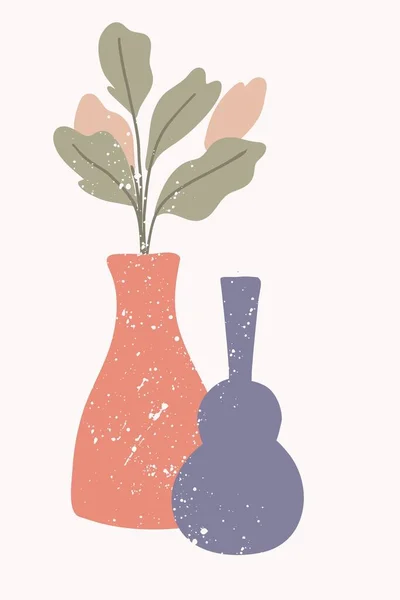 抽象的な花瓶の熱帯の葉 手描きの植物のミニマルな組成は テクスチャと自然の色で トレンディーなインテリアポスター バナーやプリント 現代のボヘミアン イラスト ベクトル背景 — ストックベクタ