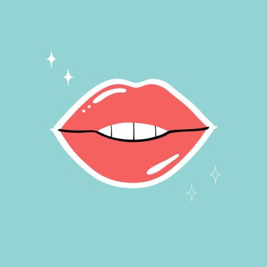 Pembe dudaklar. Kadın seksi ruj, modern poster ya da kart. Makyajlı, dilli ve beyaz dişli bir kadın, modaya uygun bir çıkartma. Parlak kozmetik. Çizgi film vektörü çağdaş illüstrasyonu izole etti