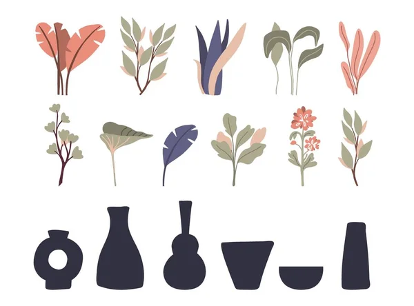 花瓶コンストラクタにおける熱帯の葉 手描きの植物のミニマリストの枝自然色のBohoスタイルと陶器の陶器のポット トレンディな装飾現代的なボヘミアンイラスト ベクトルセット — ストックベクタ