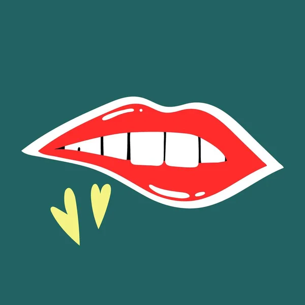 赤い唇 女性セクシーな口紅現代のポスターやカード メイク 舌と白い歯 トレンディーな魅力的なステッカーで女性の唇 光沢のある化粧品 漫画のベクトル隔離された現代的なイラスト — ストックベクタ