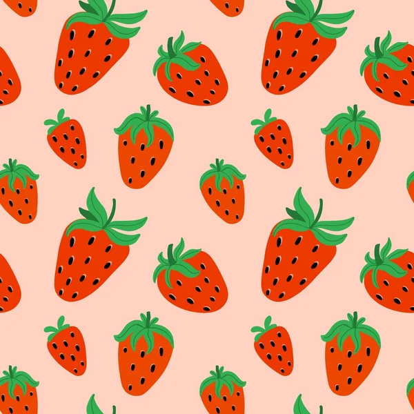 草莓无缝图案 手绘新鲜森林或花园浆果 完全多汁的浆果 粉红底色的涂鸦夏季元素 装饰纺织品 包装纸 矢量印花或织物 — 图库矢量图片