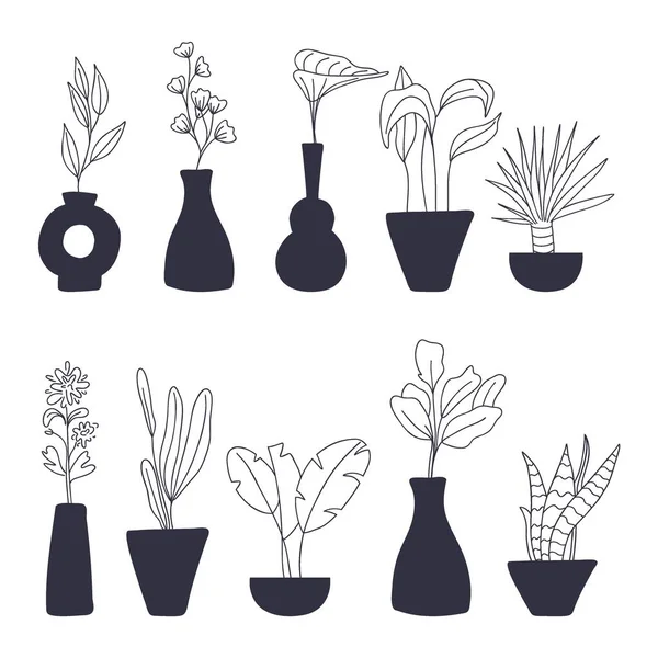 抽象花瓶セットの熱帯の葉 手描きの植物のミニマリストの枝に黒の白い色のBohoスタイルと陶器のセラミックポット トレンディな装飾現代ボヘミアンベクトルイラスト — ストックベクタ