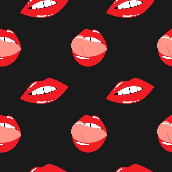 红唇无缝图案 女性性感口红 具有化妆品 舌头和白牙的妇女唇 孤立当代装饰纺织品的卡通病媒 包装纸 壁纸病媒指纹或织物 — 图库矢量图片