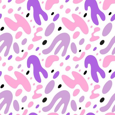Basit, pürüzsüz bir desen. Pembe ve mor pastel renkler, soyut el çizimi organik formlar, İskandinav çocuksu asgari geometrik koleksiyon. Dekoratör tekstil, duvar kâğıdı vektör baskısı veya kumaş ambalajı
