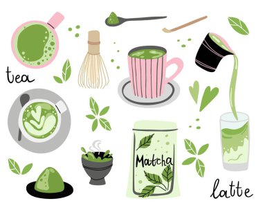 Kibrit takımı. El yapımı geleneksel Japon içeceği, pudra ve kaşığı, bambu çırpısı ve fincanı latte, Çin yeşil çayı, modaya uygun organik lezzetli içecek. Vektör karikatürü izole ögeler