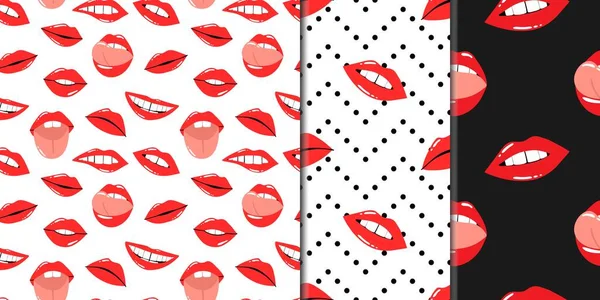 赤い唇のシームレスなパターン 女性のセクシーな口紅 舌と白い歯を持つ女性の唇 漫画ベクトルは 現代的な装飾繊維 包装紙 壁紙ベクトルプリントや生地を隔離 — ストックベクタ