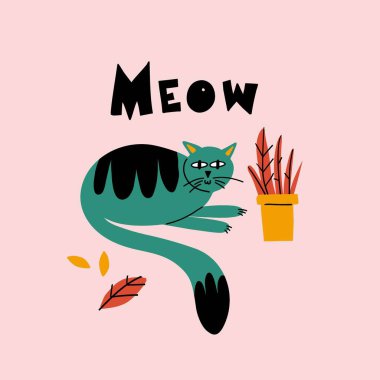 Cartoon cat. Hand drawn funny pet and lettering, green playful meow kitten, domestic animals, sticker collection. Card, t-shirt or poster design, vector isolated illustration