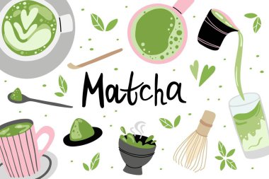Kibrit arka plan. El yapımı geleneksel Japon içeceği, toz ve kaşık, bambu çırpısı ve fincanı latte, Çin yeşil çayı, organik lezzetli içecek vektör karikatürü izole elementler.