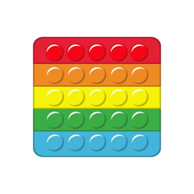 Patlat. Kare renkli gökkuşağı silikon anti-stres rahatlama oyuncağı, çocukların moda oyunu, baloncuk itme, vektör karikatürü izole edilmiş tek popit nesne