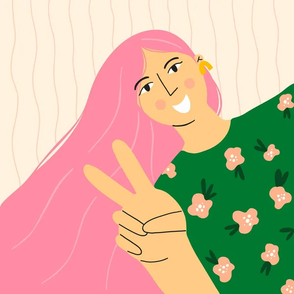 Κορίτσι Πορτρέτο Ευτυχισμένη Γυναίκα Δείχνει Χειρονομία Ειρήνης Ροζ Μακριά Καρδιά — Διανυσματικό Αρχείο