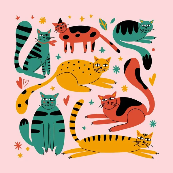 Koty Kreskówek Ręcznie Rysowane Śmieszne Zwierzęta Różnych Pozach Zielone Żółte — Wektor stockowy