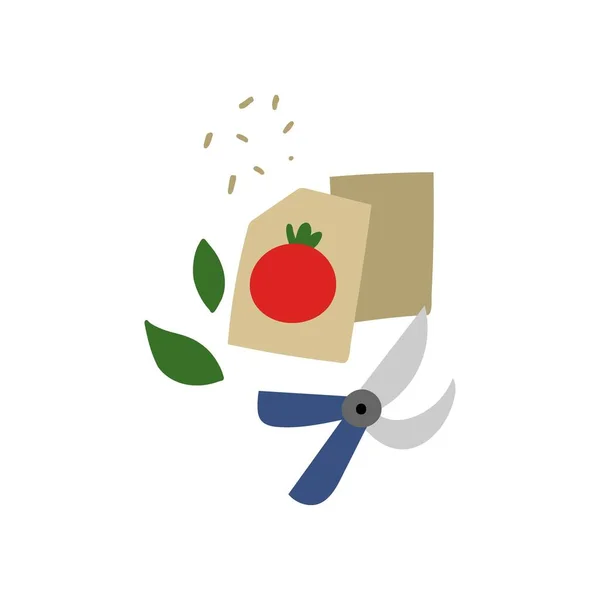 Grönsaksfrön Trädgård Beskärare Och Paket Med Tomatfrön Trädgårdsredskap Jordbruksbutik Ekologiska — Stock vektor