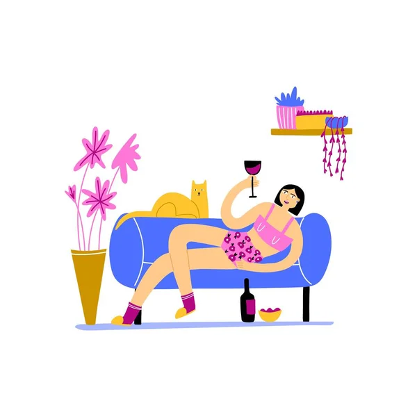 Γυναίκα Ξαπλωμένη Στον Καναπέ Ευτυχισμένο Κορίτσι Πίνοντας Κρασί Στο Σπίτι — Διανυσματικό Αρχείο