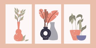 Vazodaki tropikal yapraklar. Doğal renklerde el yapımı botanik minimalist kompozisyonu doku, modaya uygun iç mekan posteri ya da baskısı. Modern bohem illüstrasyon, vektör arkaplan