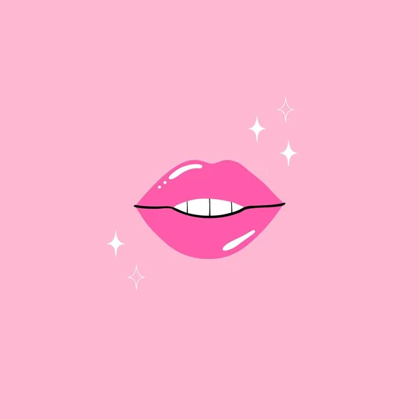 粉红唇女性性感口红现代海报或卡片 女人的嘴唇 舌头和白牙 时髦迷人的贴纸 色彩艳丽的化妆品 卡通矢量孤立的当代插图 — 图库矢量图片