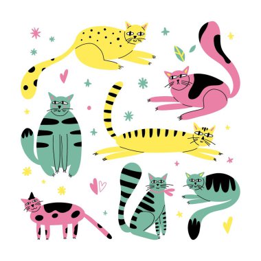 Çizgi film kedileri. Farklı pozlarda el çizimi komik hayvanlar, yeşil sarı ve pembe kedi yavruları, evcil hayvanlar, çıkartma koleksiyonu, kart ya da poster tasarımı. Vektör izole edildi