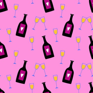 Çizgi film şampanyası kusursuz desen. El yapımı cam, şarap kadehinde sarı köpüklü sıvı, alkollü içecek koleksiyonu. Pembe arka plan. Dekoratör tekstil, duvar kâğıdı vektör baskısı veya kumaş ambalajı