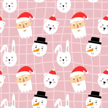 Noel karakterleri kusursuz. Şirin Xmas portreleri, Canta Claus ve Kardan Adam, Kardan Adam ve Beyaz Ayı. Pembe arka plan. Dekor tekstili, ambalaj kağıdı, vektör baskısı veya kumaş