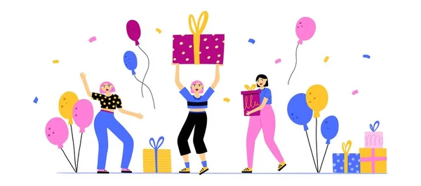 Des Fêtards Des Femmes Avec Des Ballons Cadeaux Des Confettis — Image vectorielle