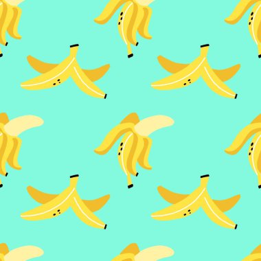 Kusursuz muz deseni. Egzotik tropikal taze meyve, bütün ve dilimlenmiş muz kabuğu, çizgi film minimalist stili izole edilmiş mavi arkaplan, dekoratif tekstil kağıt kaplama kağıdı vektör baskısı