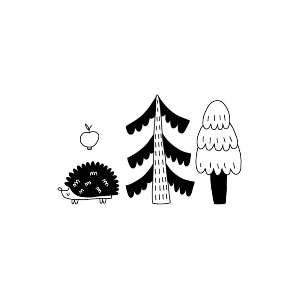 Doodle Hedgehog Hand Drawn Line Scandinavian Style Black White Print — Stock Vector