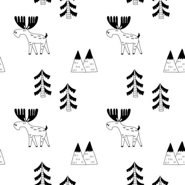 Doodle Modèle Sans Couture Wapiti Ligne Dessinée Main Imprimé Scandinave — Image vectorielle