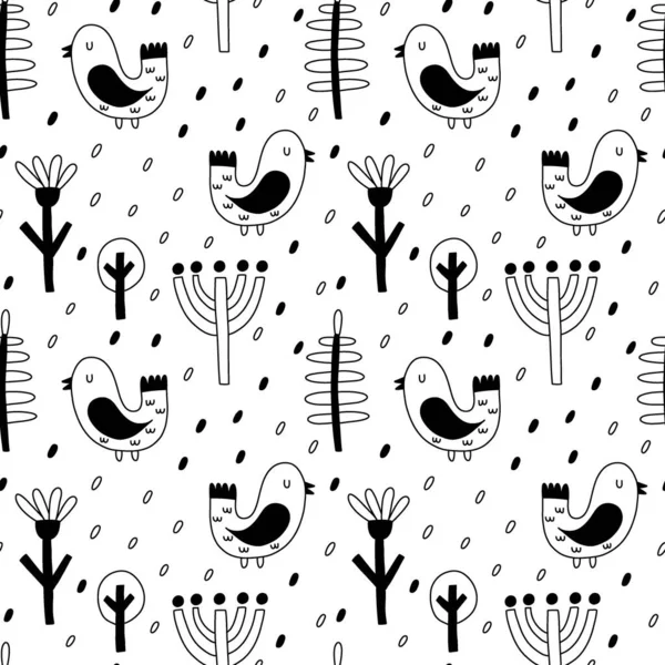 鳥のシームレスなパターン 手描きのドアのスキャンディナヴィアの森の鳥 黒と白の色 かわいいスキャンディポスター 子供の保育園のデザイン 民族の装飾繊維 包装紙の壁紙 ベクトル印刷 — ストックベクタ