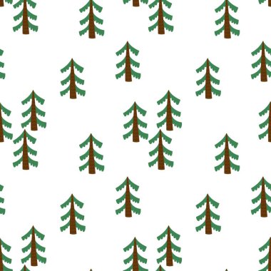 Orman pürüzsüz desen. Beyaz zemin üzerinde İskandinav tarzı kozalaklı ağaçlar, basit minimalist zemin. Dekor tekstili, ambalaj kağıdı, vektör baskısı veya kumaş