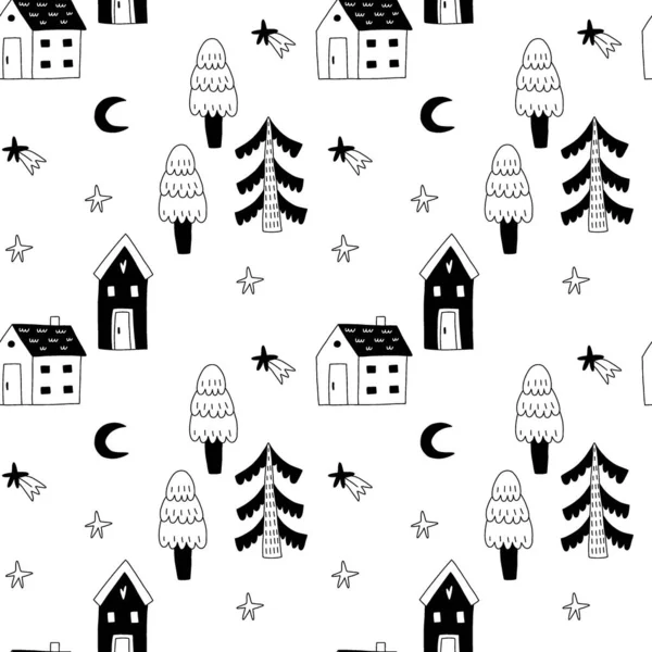 Cozy Home Seamless Pattern Cute Little Forest Houses Night Moon — Stock Vector