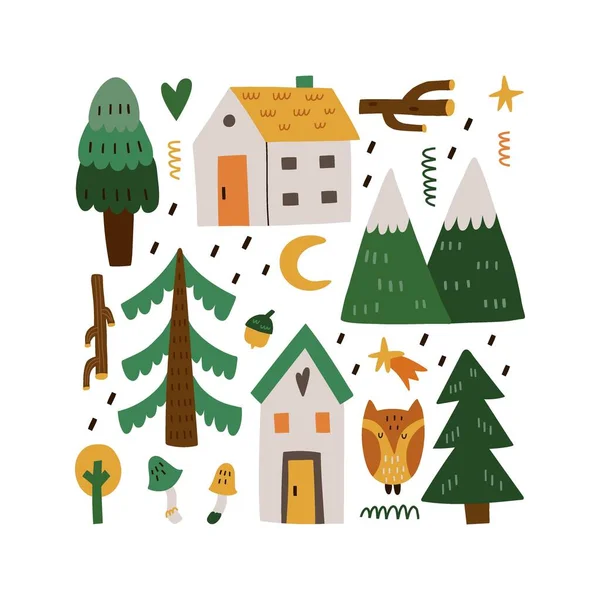 Hogar Del Bosque Lindas Casitas Forestales Montañas Vísperas Setas Estilo — Vector de stock