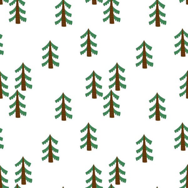Лес бесшовный. Скандинавский стиль хвойных деревьев на белом фоне, простой минималистический фон. Декор текстиля, обоев оберточной бумаги, векторной печати или ткани