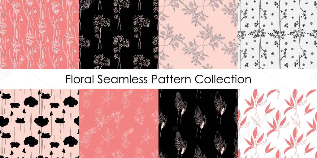 Wild flower minimal seamless pattern set. Hand drawn flowers and leaves, stem and petals. Herbal monochrome elegant collection decor textile, wrapping paper wallpaper. Vector texture print and fabric
