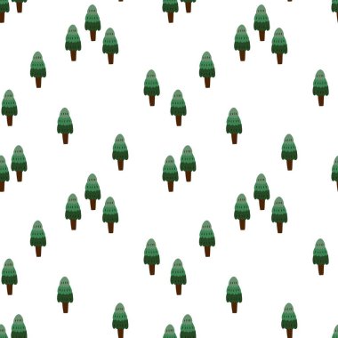 Orman pürüzsüz desen. Beyaz zemin üzerinde İskandinav tarzı kozalaklı ağaçlar, basit minimalist zemin. Dekor tekstili, ambalaj kağıdı, vektör baskısı veya kumaş