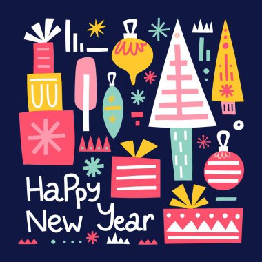 Mutlu yıllar kartpostalları. Elle çizilmiş İskandinav tarzı Xmas kartı, karikatür etnik kış tatilleri elementleri ve harfler, modern renkler ağaç hediyeleri ve oyuncaklar, poster veya basılı vektör ilüstrasyonu