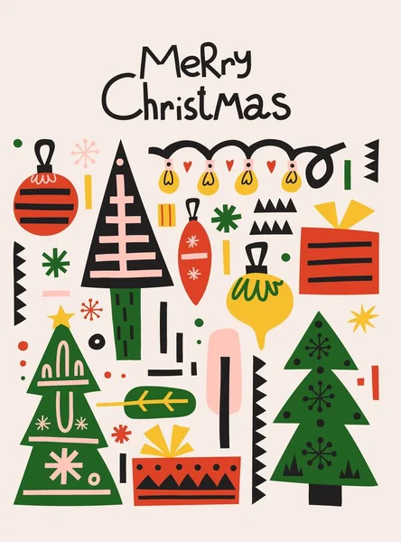 Noel kartpostalı. El çizimi İskandinav tarzı Xmas kartı, karikatür etnik kış tatilleri elementleri ve harfler, geleneksel renkler ağaç hediyeleri ve oyuncaklar, poster veya baskı vektörü izole edilmiş illüstrasyon